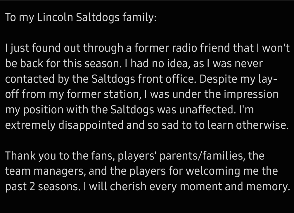 Some news for my Lincoln Saltdogs folks...