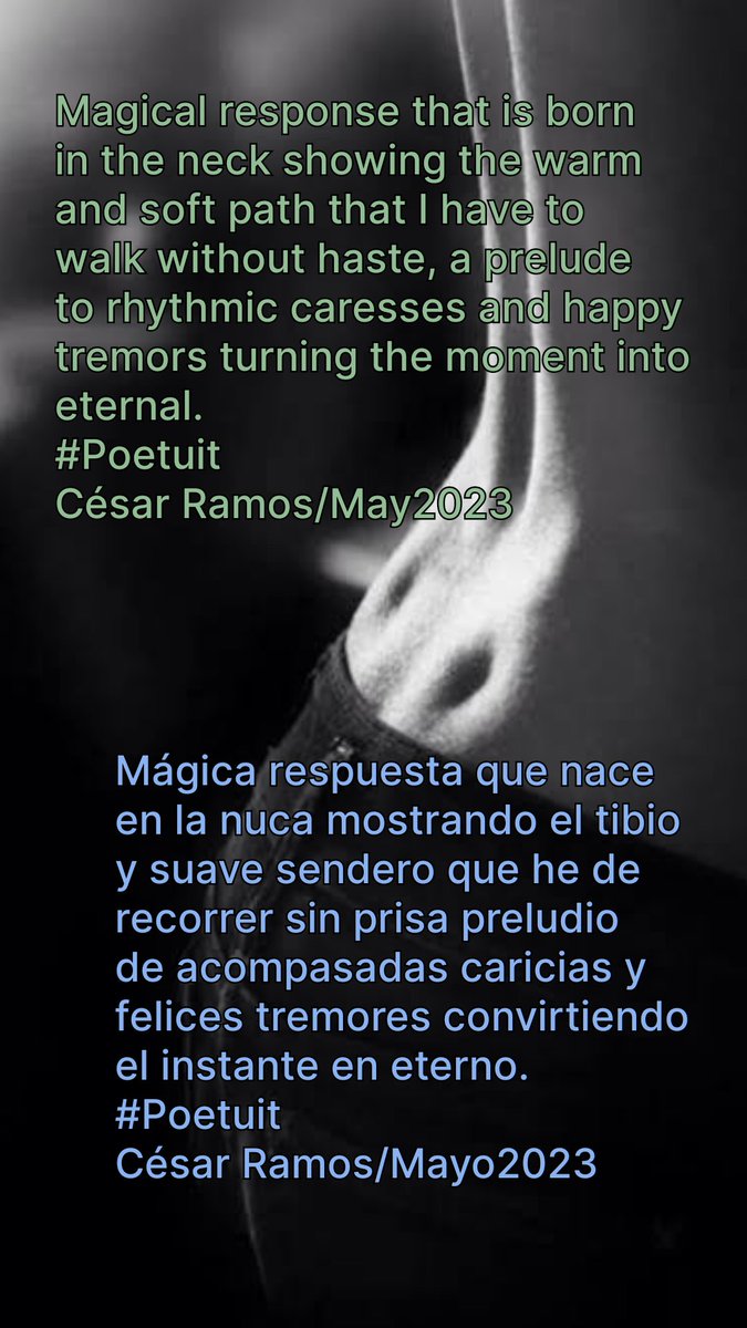 Mágica respuesta que nace en la nuca mostrando el tibio y suave sendero que he de recorrer sin prisa preludio de acompasadas caricias y felices tremores convirtiendo el instante en eterno. #Poetuit César Ramos/Mayo2023