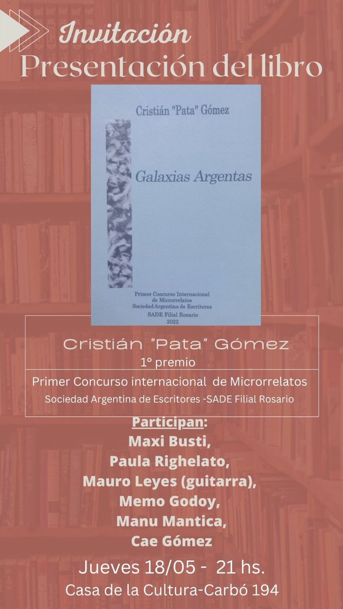 maxibusti's tweet photo. #GalaxiasArgentas Este jueves a las 21 la presentación del libro de Pata Gómez. Están invitados. En la Casa de la Cultura (Carbó y 9 de julio) https://t.co/cLPMyFMseR