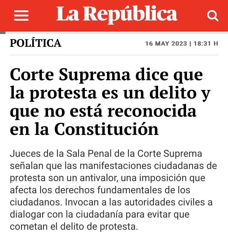 SalasZ_AA's tweet photo. La PROTESTA es un Derecho Constitucional y fundamental de la persona. LA CORTE SUPREMA se equivoca al pretender quitarle ese rango constitucional.
Quien interpreta la Constitución es el @TC_Peru  y este ya desarrolló el tema de la Protesta en el 2018.
@larepublica_pe https://t.co/Xxr3Aeeafb