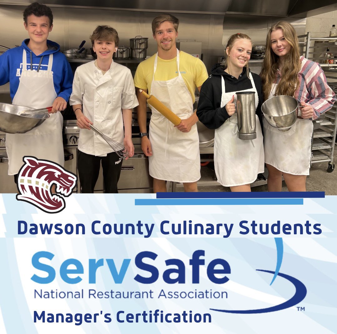 These five Culinary students passed their ServSafe Manager certification. We are proud of their hard work and dedication. Pictured from left to right are Eli Hutching, Aiden Long, Will Kurtz, Mattie Massengill, and Are Bliss. 
#CTAEdelivers
#1Dawson
