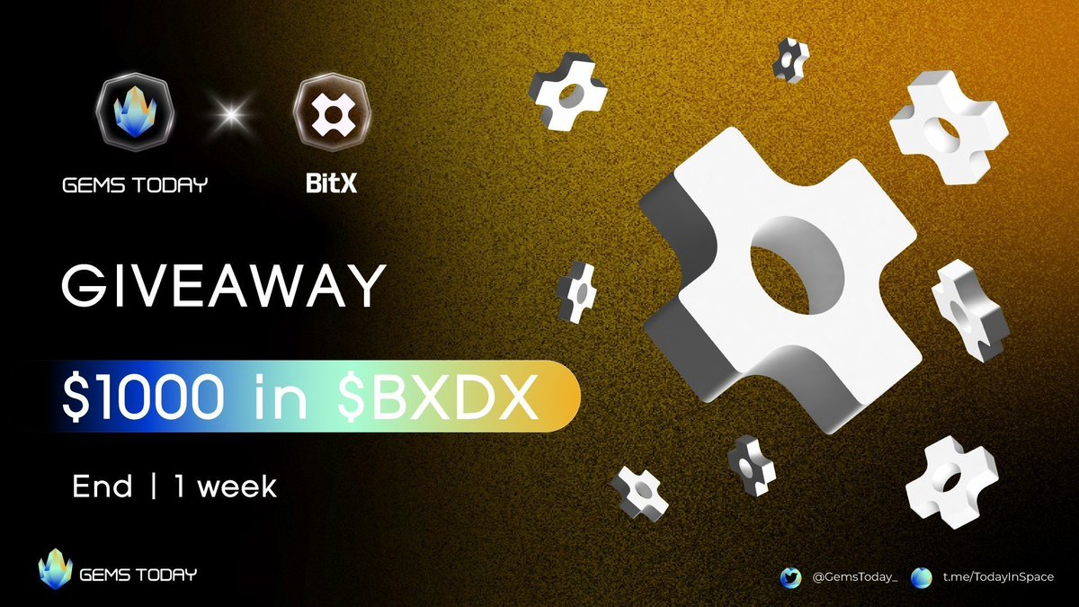 Congratulation on our partnership <a href="/bitx_brc20/">BITX - ChatGPT of Bitcoin 💬₿</a>🍻

🎟️ Giveaway $1000 in $BXDX

🏆 To win
1️⃣ Follow <a href="/bitx_brc20/">BITX - ChatGPT of Bitcoin 💬₿</a> &amp; @GemsToday_ 
2️⃣ Join t.me/+dAfQrta0lfI0O… &amp; t.me/TodayInSpace
3️⃣ RT, Like &amp; Tag 3 friends &amp; Proof

#GemsToday #Giveaway