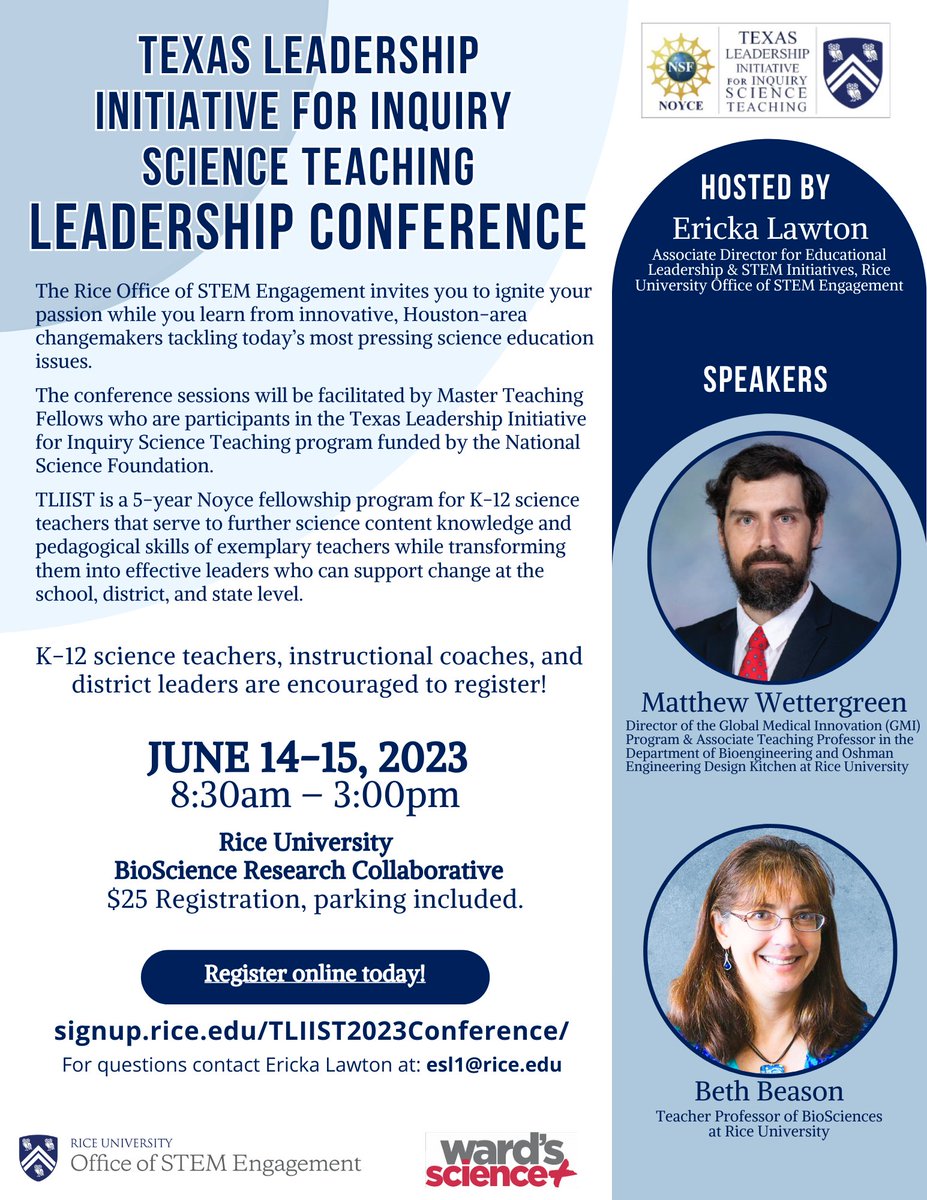 RiceU_STEM's tweet photo. Registration is open! Join fellow K-12 #science #teachers, district leaders, and instructional coaches on June 14-15 at the Texas Leadership Initiative for Inquiry Science Teaching Leadership Conference at @RiceUniversity. @NoyceProgram #ProfessionalDevelopment 
Register: https://t.co/5zZgxIjRCf