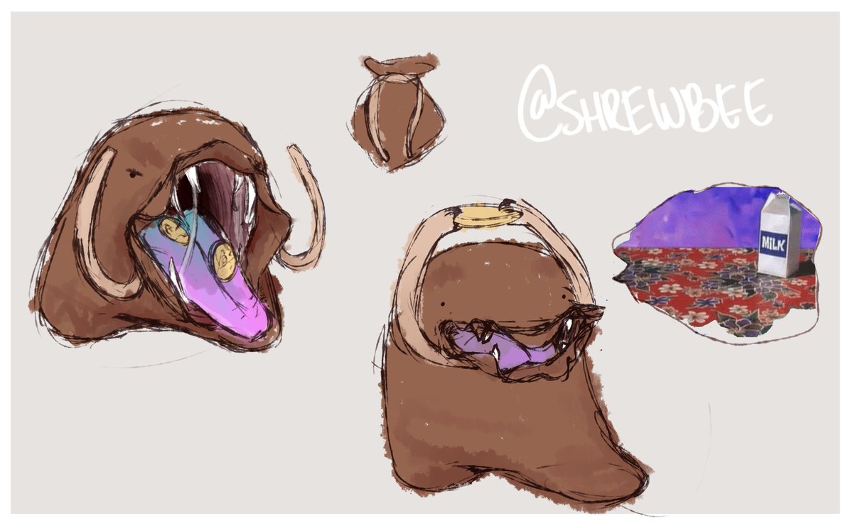 I felt this would be appreciated here.
This is a mimic that took the form of a gold bag that was created in our D&amp;D campaign.
He is a single celled organism that loves gold coins and he is friend shaped. 🥰