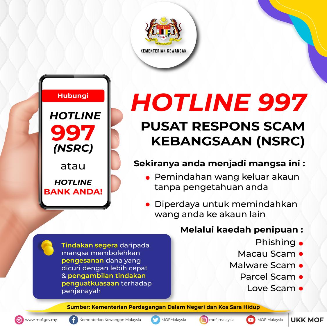 MOFmalaysia's tweet image. Ingat! Sekiranya anda menjadi mangsa scammer, hubungi dengan segera talian HOTLINE 997(NSRC) atau hotline bank anda.

#MalaysiaMADANI