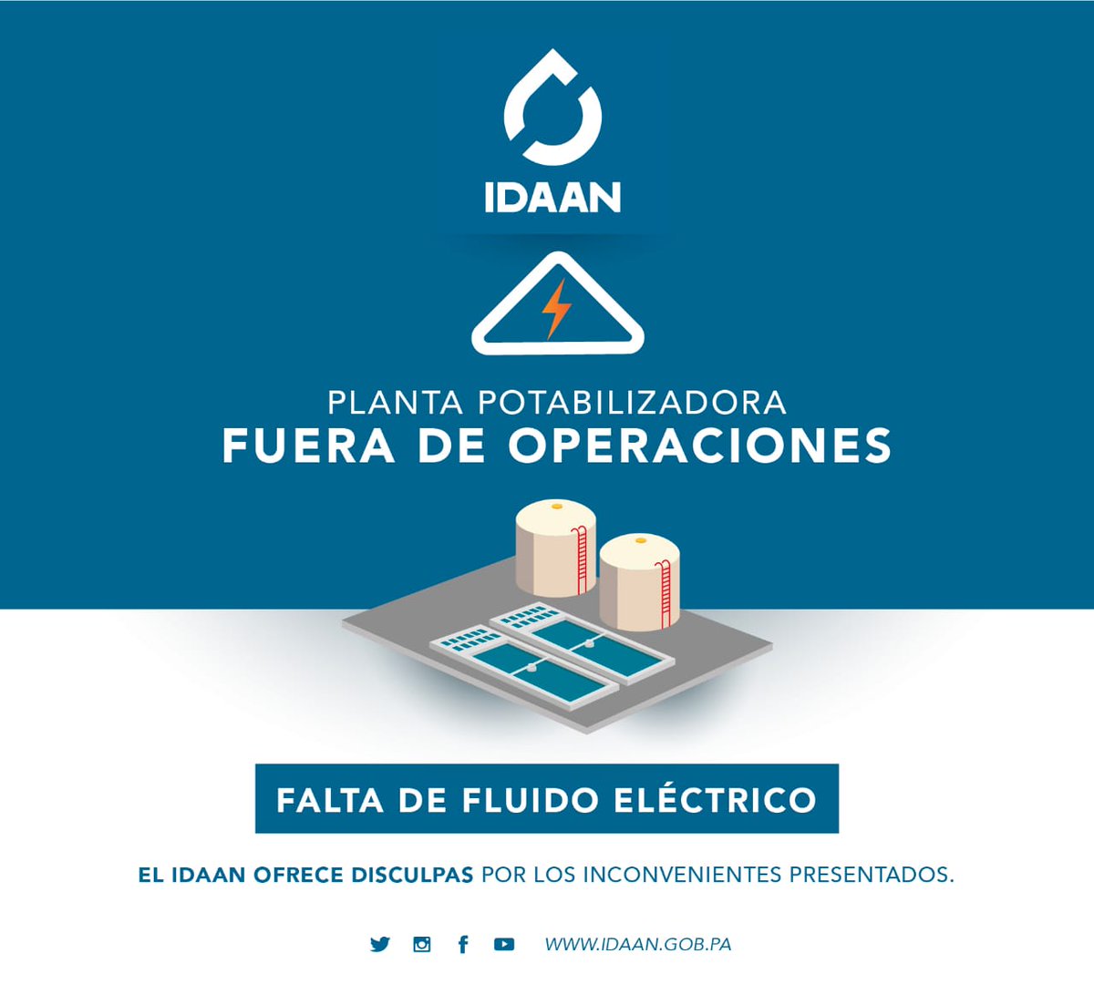 #Arraiján: Debido a una falla  eléctrica la planta potabilizadora de Laguna Alta disminuye operaciones. El servicio es irregular en: Nuevo Emperador, Santa Clara, Río Congo, Nuevo Chorrillo, Chapala, Cáceres, Burunga y áreas aledañas. <a href="/311Panama/">311 Panamá</a>