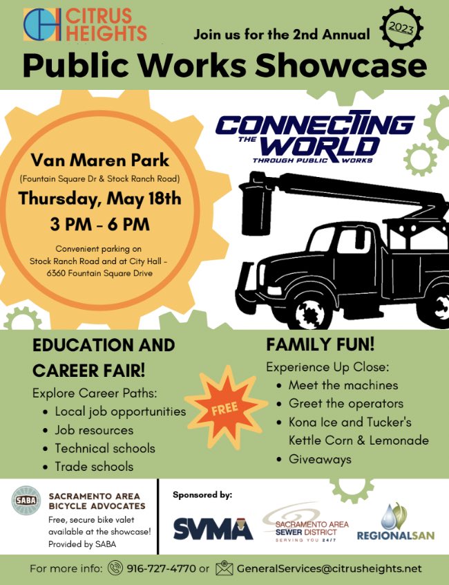 mayisbikemonth's tweet photo. Citrus Heights Public Works Showcase, Education/Career Fair
Bike Valet service for attendees; Meet the Machines and their operators; Free snacks, giveaways, and education and career information for public works jobs and related industries. https://t.co/Ha2vh4vhbs