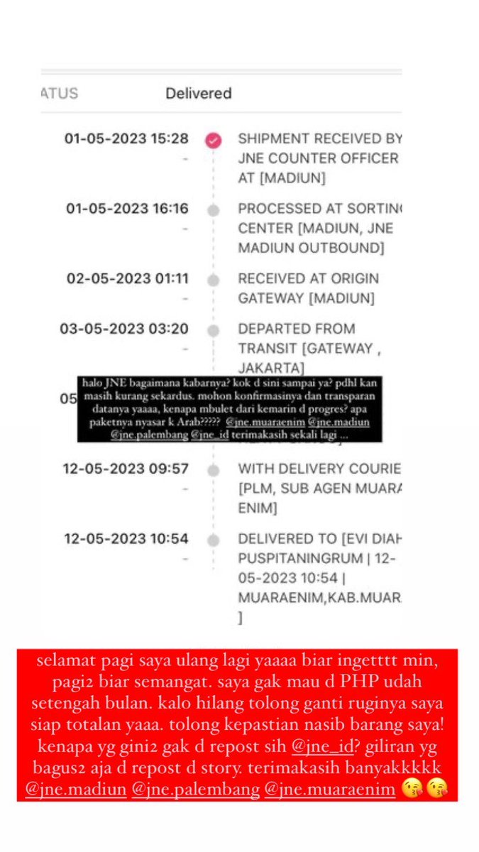 evidiyahp's tweet photo. @JNE_ID @JNECare tolong dibaca dan kepastiannya, terimakasih sekali .. https://t.co/g1sQXYSKul