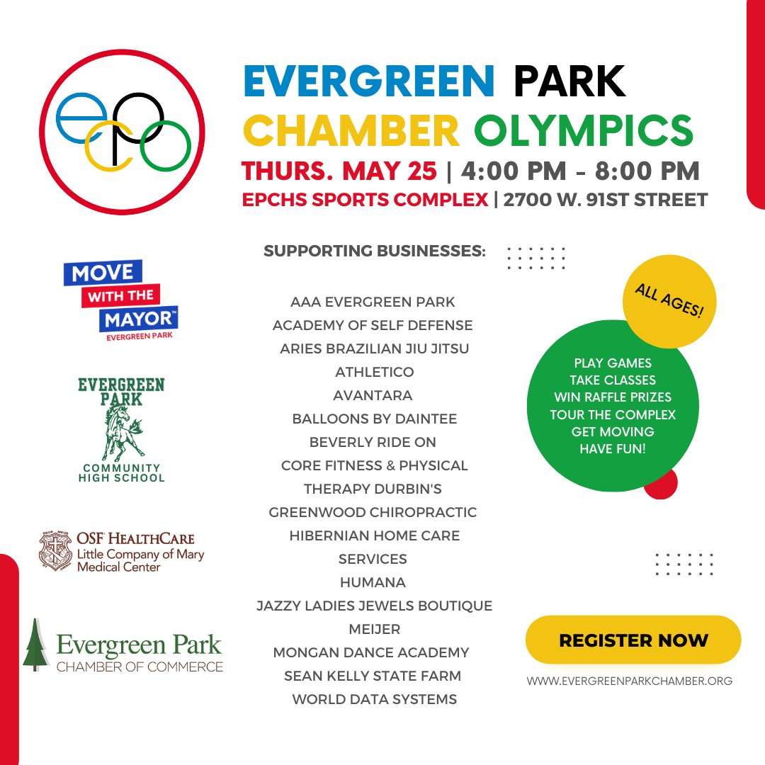 The Chamber Olympics are coming to #EvergreenPark on May 25! Please join us at the EPCHS Sports Complex for open-play games, fitness classes, activities, and raffle prizes! 

RSVP here to join the fun: evergreenparkchamber.org/event/evergree…