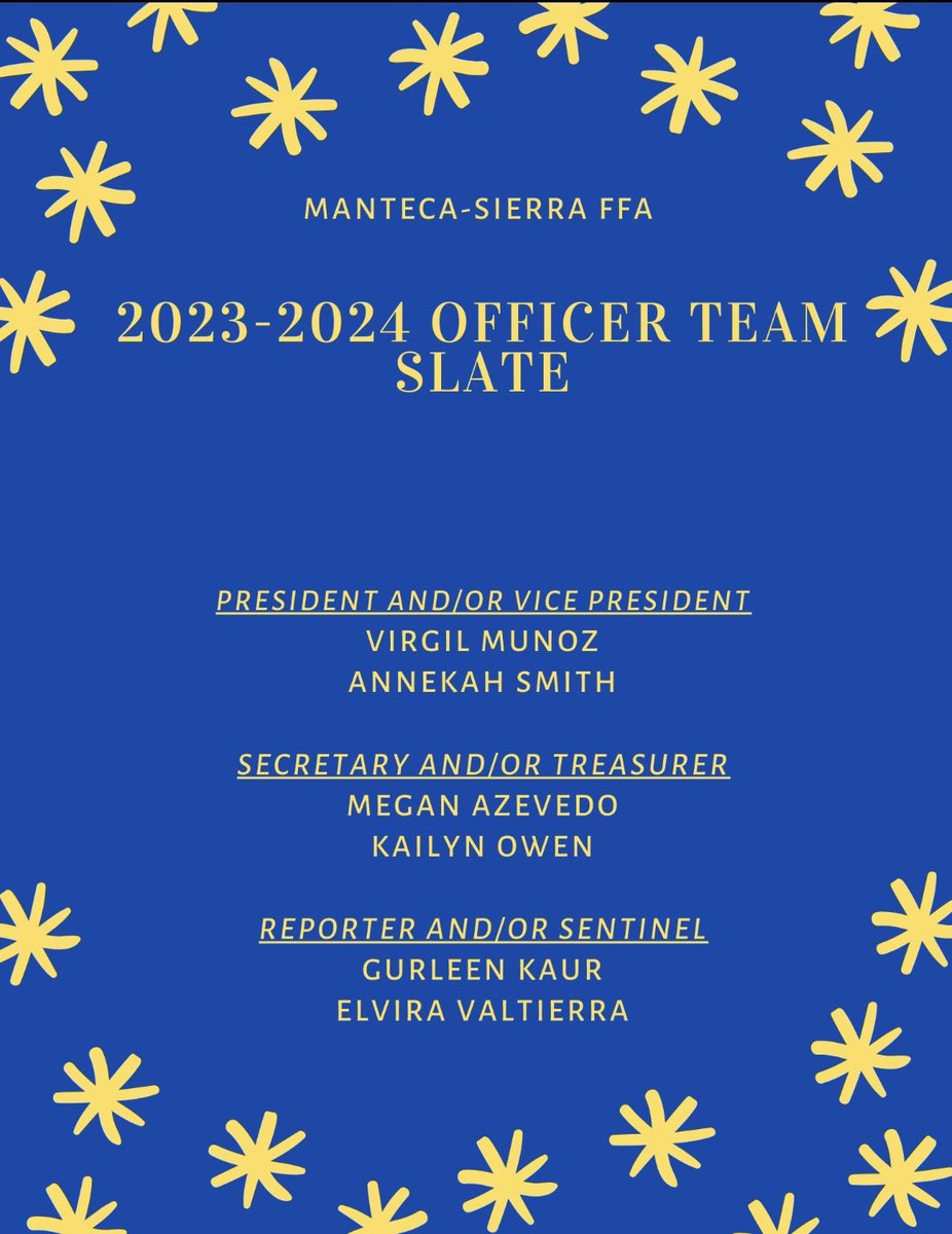 Voting will take place tomorrow in the ag classes!!  Students from the fall term classes please stop by room 52 or 71 to cast your vote!!  The new team will be installed at the banquet on Friday night!!  Good luck to our candidates!!🗳️💙💛
