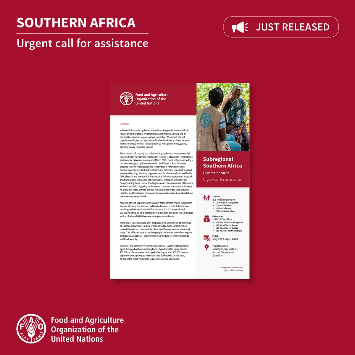 FAO in Emergencies (@faoemergencies) on Twitter photo Subregional Southern Africa: Devastating cyclones, storms, torrential rains and flash floods have jeopardized food security, nutrition and livelihoods across the region.
Urgent funding is required to address the immediate needs of affected populations.
bit.ly/3IiXlNN Subregional Southern Africa: Devastating cyclones, storms, torrential rains and flash floods have jeopardized food security, nutrition and livelihoods across the region.
Urgent funding is required to address the immediate needs of affected populations.
bit.ly/3IiXlNN