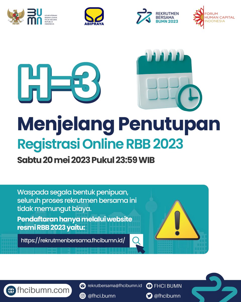 ptabipraya's tweet image. H-3 Menjelang Penutupan Registrasi Online Rekrutmen Bersama BUMN 2023!Penutupan akan dilakukan pada Sabtu, 20 Mei 2023 pukul 23.59.
Raih karir impianmu, dengan belajar, bertumbuh, dan berkontribusi untuk Indonesia! 
#RBB2023
#RekrutmenBersamaBUMN2023
#FHCI
#LoKerBUMN2023