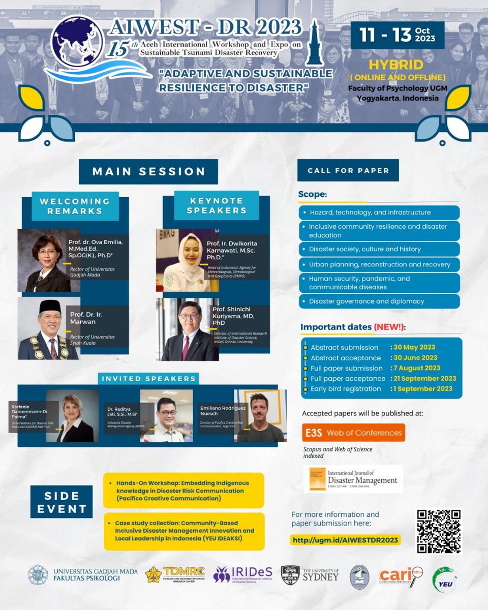 Thank you for sending your abstracts! For those who were unable to submit by the deadline, we are pleased to announce that the date for abstract submission is extended until 31 May 2023.  

Events can be found in our website! ugm.id/AIWESTDR2023

Submit your Abstract now!