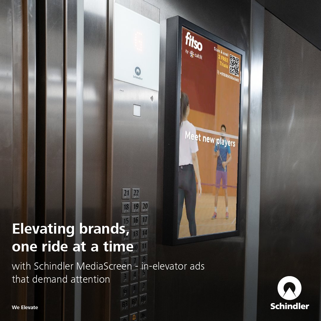 SchindlerIND's tweet photo. Be heard and get noticed!
Reach your audience with Schindler MediaScreen in-lift ads that captivate your audience and make your brand unforgettable.

#SchindlerIndia #WeElevate #MediaScreen #LiftAdvertising #Solutions #Innovation #Advertising #Marketing https://t.co/4w8A584Isl