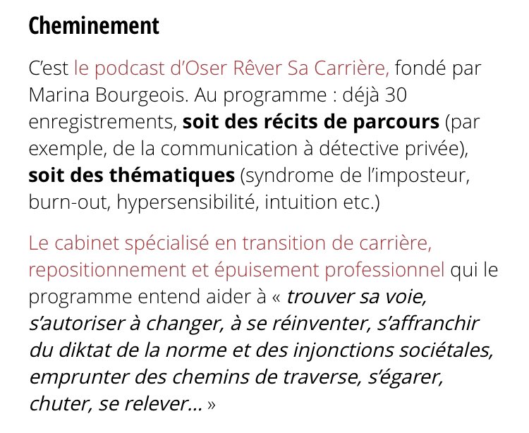 Merci au magazine Rebondir de classer « Cheminement, le #podcast Oser Rêver Sa Carrière » parmi les meilleurs pour changer de voie ♥️

Pour le découvrir 👉 podcasts.apple.com/fr/podcast/che…