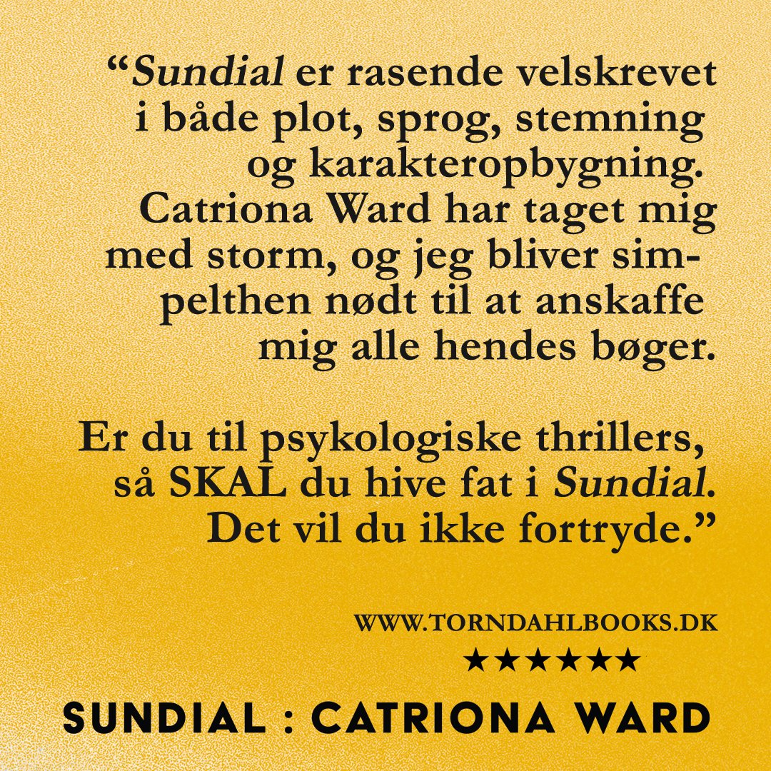 ScreamingRecs's tweet image. Det er vist første gang, vi får en 6-stjernet anmeldelse - men det altså sket nu og så til "Sundial" af @Catrionaward!
Se hele anmeldelsen på torndahlbooks.dk, men se hvad de bl.a. siger:
"SUNDIAL er rasende velskrevet i både plot, sprog, stemning og karakteropbygning ..."