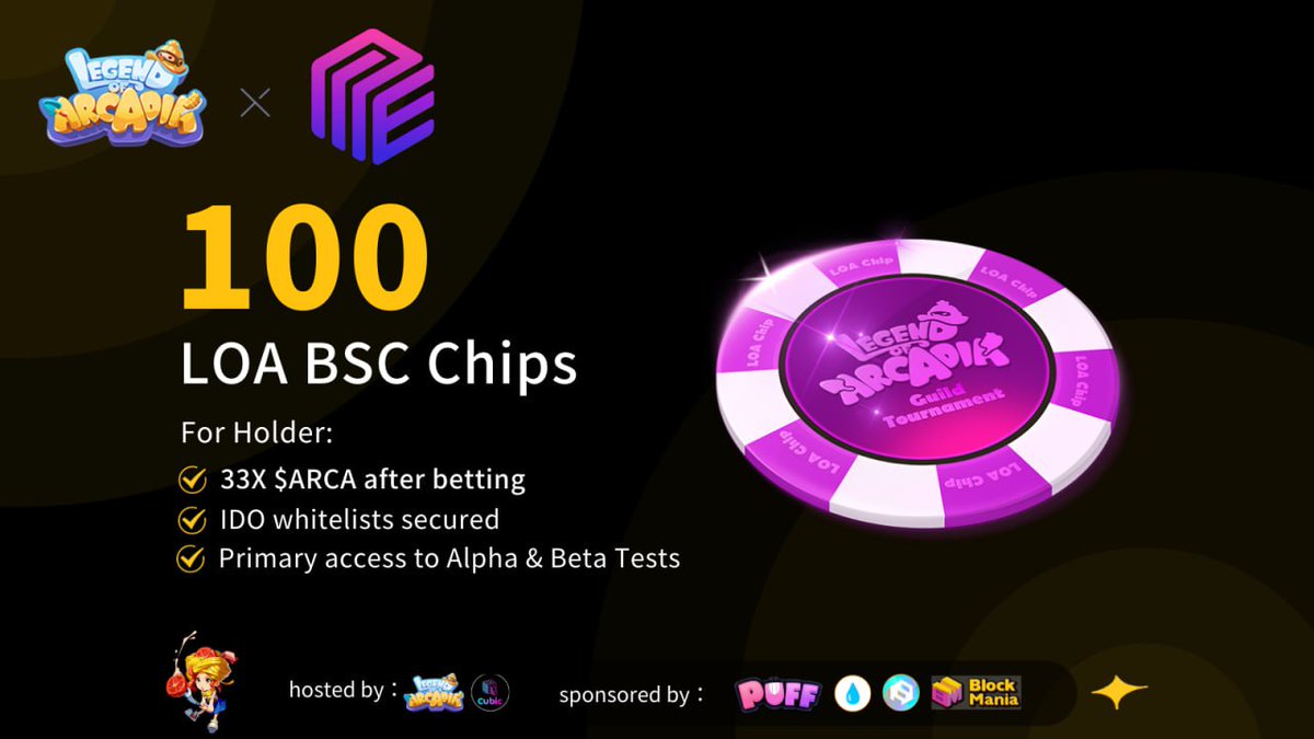 🪂 100 #Freemint LOA Chip NFTs #Giveaway 🪂

<a href="/LegendofArcadia/">Legend of Arcadia | Tournament S4 - Now Live</a> X <a href="/Gameta_Official/">Gameta</a> 

🤩 Over 2400 #USDT and 2,000,000 $ARCA as prizes. Upcoming utilities include #IDO and #AlphaTest #whitelists.

To enter:
1. Like &amp; RT 
2. Tag 3 frds 
3. Complete the tasks: pesc.pw/4y9jjq
