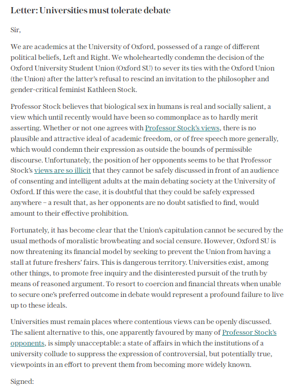 Great letter from 44 @UniofOxford academics condemning @OxfordStudents who oppose “free inquiry and the disinterested pursuit of the truth by means of reasoned argument” at @OxfordUnion. Astonishing it needs to be said, really. Signatories include @NigelBiggar & @RichardDawkins.