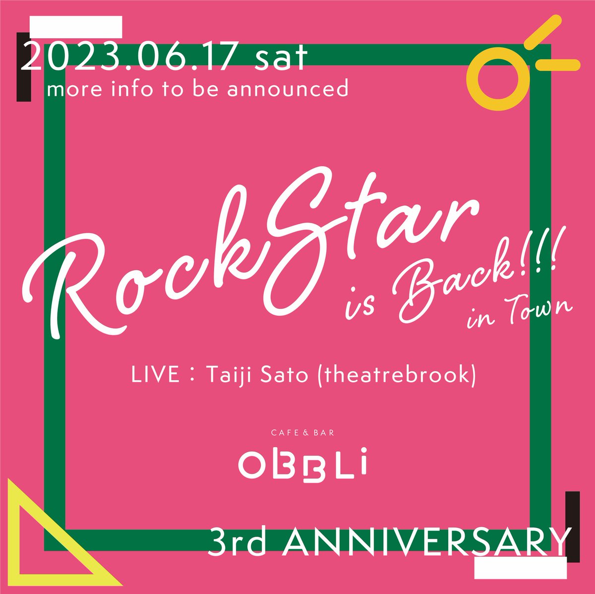 obbli0616's tweet photo. 🎂3周年イベントを6月17日に開催します！

リクオ師匠とタイジさん＋タコス🌮！

席数限定なのでお早めに！

■予約
yoyaku.dop@gmail.com

■配信視聴
https://t.co/OKa65r2eXr

🎥
#リクオ
#佐藤タイジ
#オブリタコス https://t.co/zh1CS1vXKi