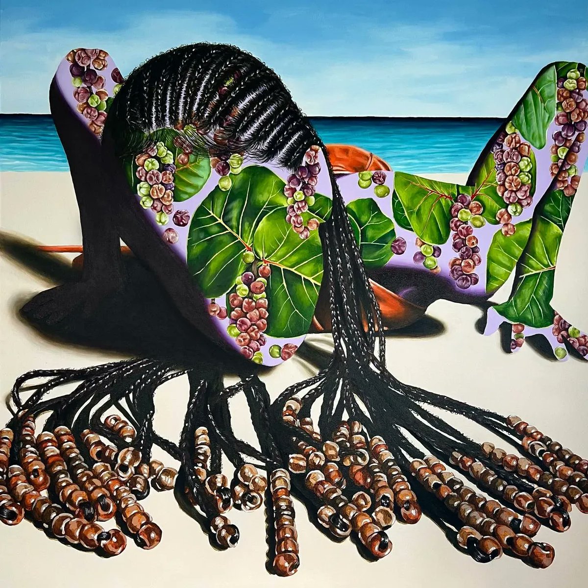 We love this!! “Grounded” by Akilah Watts, 36 in. x 36 in, Acrylic on Canvas, 2022.

#beautifulbizarre #akilahwatts #painting #acrylic #acrylicpainting #woodenbeads #blackwoman #seagrapes