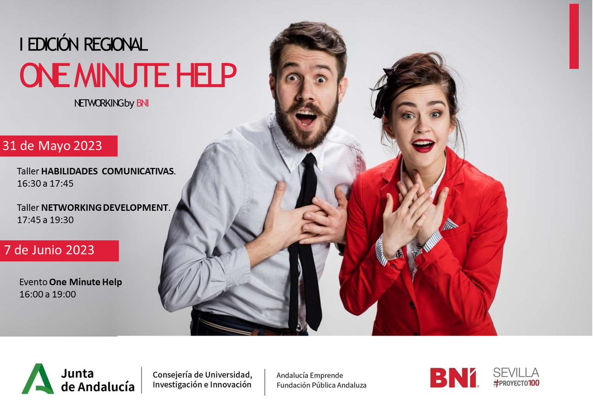 cadealmeria's tweet photo. 🔴⚫️En marcha 𝑰 𝒆𝒅𝒊𝒄𝒊𝒐́𝒏 𝒓𝒆𝒈𝒊𝒐𝒏𝒂𝒍 #OneMinuteHelp 🤝@bni_sevilla
📌31 mayo🕑16:30 h.
📌7 junio🕑 16h.
💻#Formación a personas #emprendedoras y #empresarias para desarrollar habilidades comunicativas y de #networking.
📝https://t.co/lRryq4V036
#EmprendeAND https://t.co/iWBGJwvS7q