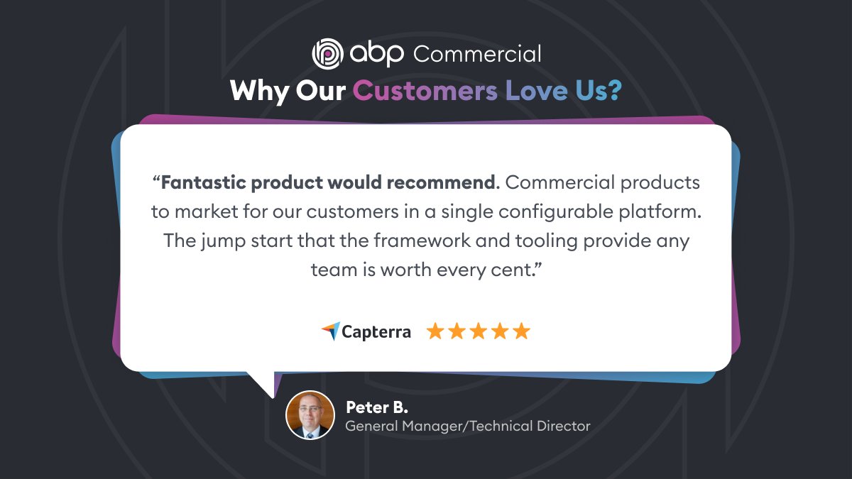 abpcommercial's tweet photo. 🌟 Proud moment! Check out this amazing user review we received on #Capterra about ABP Commercial. 👏Thank you, Peter❤️#abpio #abpcommercial #CapterraReview #CustomerSuccess #dotnet https://t.co/BE9Lmyi1Vk