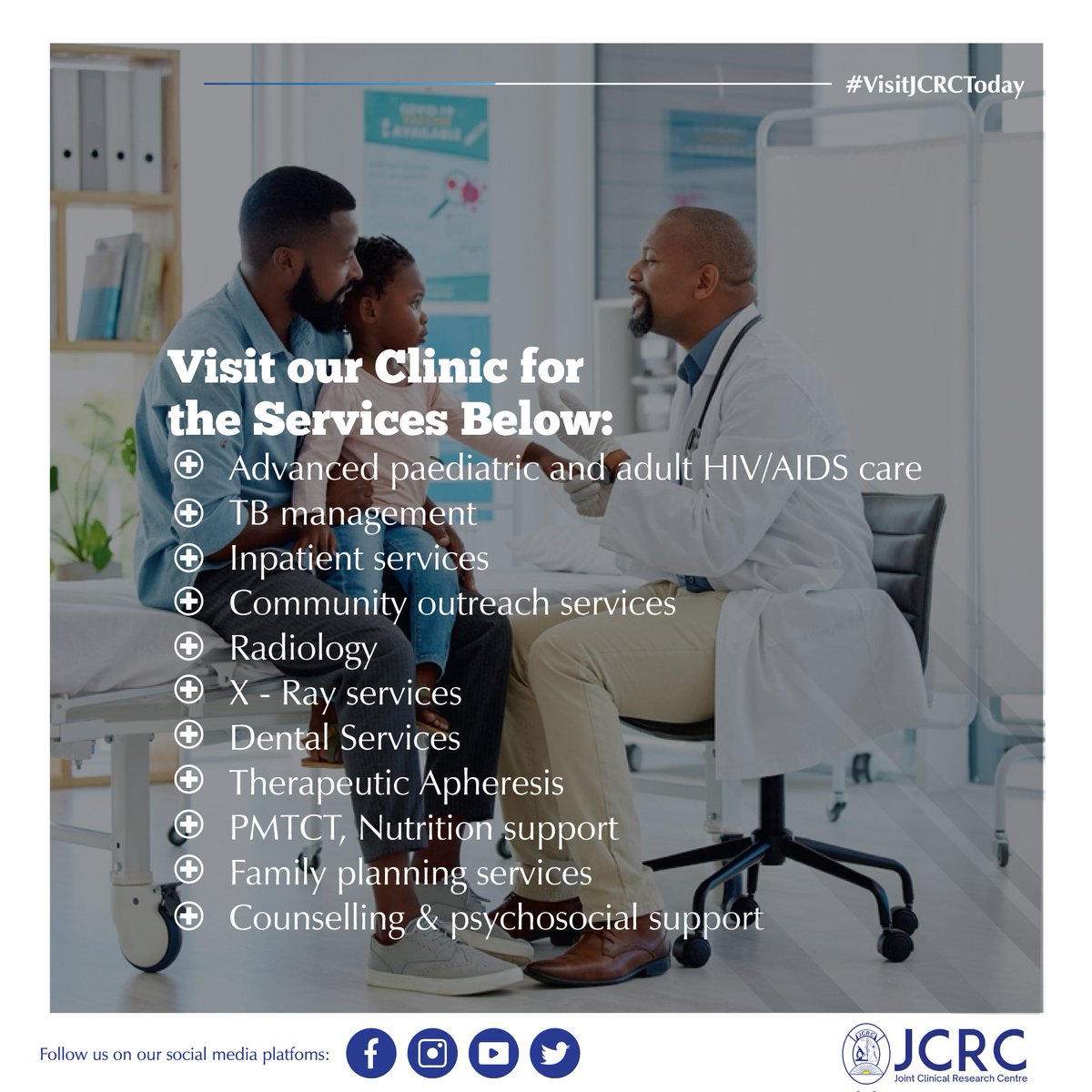 You now don't need to travel miles to receive clinical care and treatment services; just stop by our JCRC Clinic to receive a variety of services, as shown below; #VisitJCRCToday #YourLifeMatters