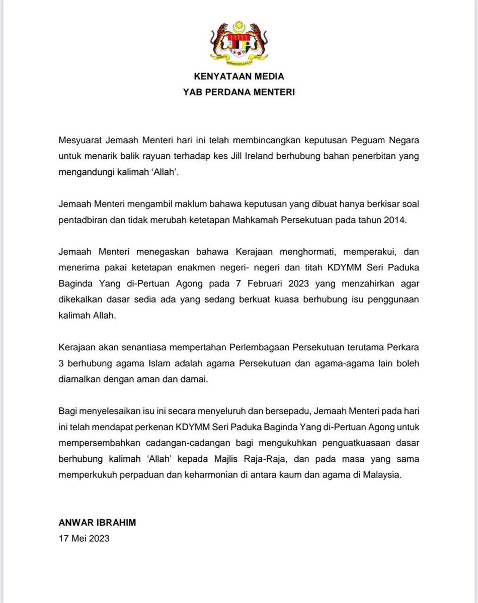 Kenyataan Media YAB Perdana Menteri Dato’ Seri Anwar Ibrahim mengenai isu Kalimah “Allah”. 

#MalaysiaMADANI