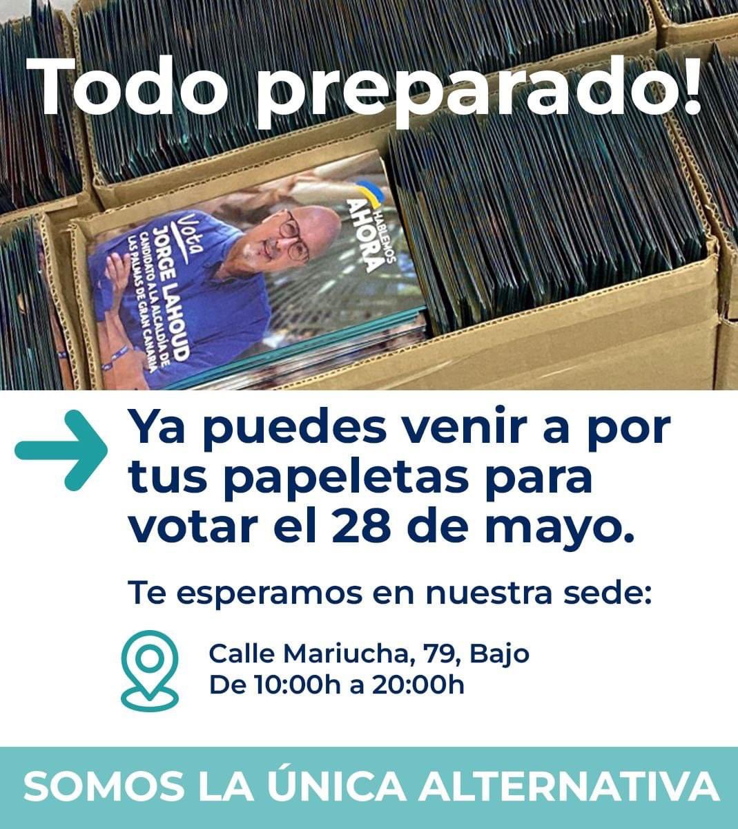 PabloEspinosaHA's tweet photo. Te esperamos en nuestro sede. Ya está todo preparado para que retires tus votos 🗳️. Un día menos para el cambio, TU VOTO ayudará a recuperar el esplendor de LPGC Jorge Lahoud Hernández y HABLEMOS AHORA la única alternativa. 
PARTICIPA EN EL CAMBIO, TU VOTO DECIDE. 
VÓTAME https://t.co/1gDvq40CaN