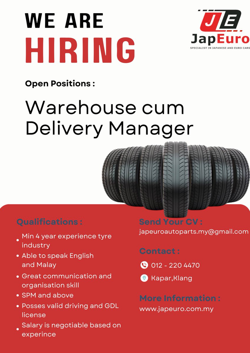 ‼️VACANCY‼️

📌Warehouse cum Delivery Manager
📌 Kapar, Klang
📌Min 4 years experience in *TYRE* industry
📌SPM and above
📌GDL License
📌Salary is negotiable

Contact
wa.link/tmxfds
Azri - +60122204470

<a href="/Oh_KerjaKosong/">Oh Kerja Kosong</a> <a href="/kerjakosong_my/">KERJAKOSONG</a> @kerjakosong123  @kerjakosong_MY_