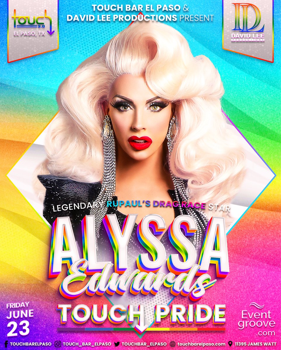 touchbar_elpaso's tweet photo. @RuPaulsDragRace ICON @AlyssaEdwards_1 returns to the #stageoftexas at @touchbar_elpaso on Friday, June 23rd, as part of our month-long #TouchPride celebration! #dragrace #hausofedwards #alyssaedwards #elpasopride https://t.co/bmyTeNztio