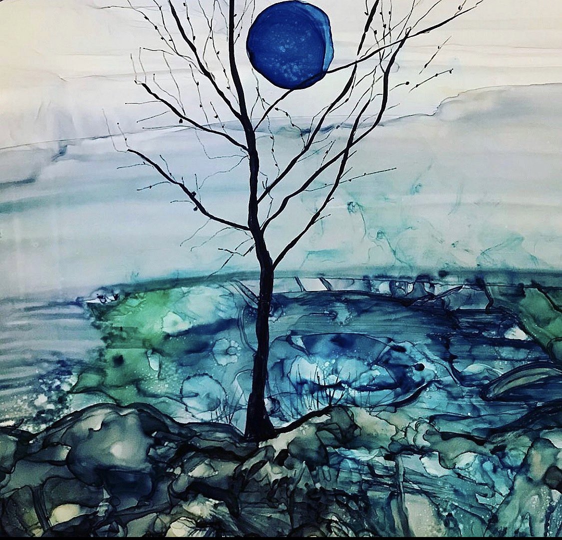 Blue Moon.  Alcohol Inks and Windsor and Newton Ink. #ArtistOnTwitter #contemporaryrealism #contemporaryart #painting