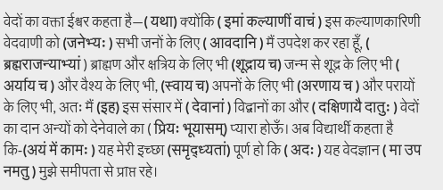 VedPathGami's tweet photo. वेदाध्ययन का अधिकार सबको

यथेमां वाचं  कल्याणीमावदानि जनेभ्यः । ब्रह्मराजन्याभ्या शूद्राय चाय च स्वाय चारणाय च। प्रियो देवानां दक्षिणायै दातुरिह भूयासमयं मे कामः समृध्यतामुप मादो  नमतु॥  -यजु० २६.२  

वेद परमेश्वर का दिया हुआ ज्ञान है। परमेश्वर कहता है। कि यह कल्याणी वेदवाणी 
1/8 https://t.co/KEHLDfLPJJ