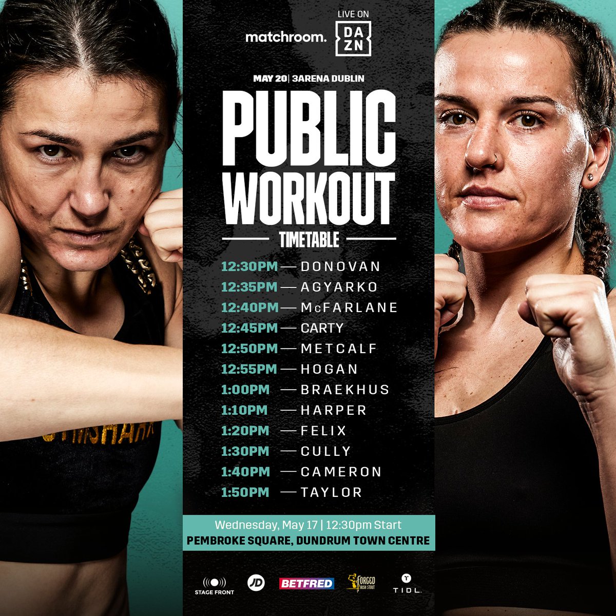 📜 Running order for today's #TaylorCameron public workout at Pembroke Square See you all there 👊