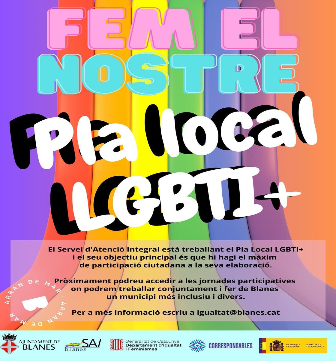 Notícia: <a href="/Blanes_cat/">Ajuntament de Blanes</a> engega un #PlaLocalLGBTI amb #jornadesparticipatives i #trobadesgrupaljoves Coincidint amb #DiaMundialcontraLGBTIFòbia s’ha posat en marxa un nou local #ServeiAtencióIntegralDiversitatSexual i s’ha penjat una pancarta reivindicativa

blanes.cat/docweb/2023-05…