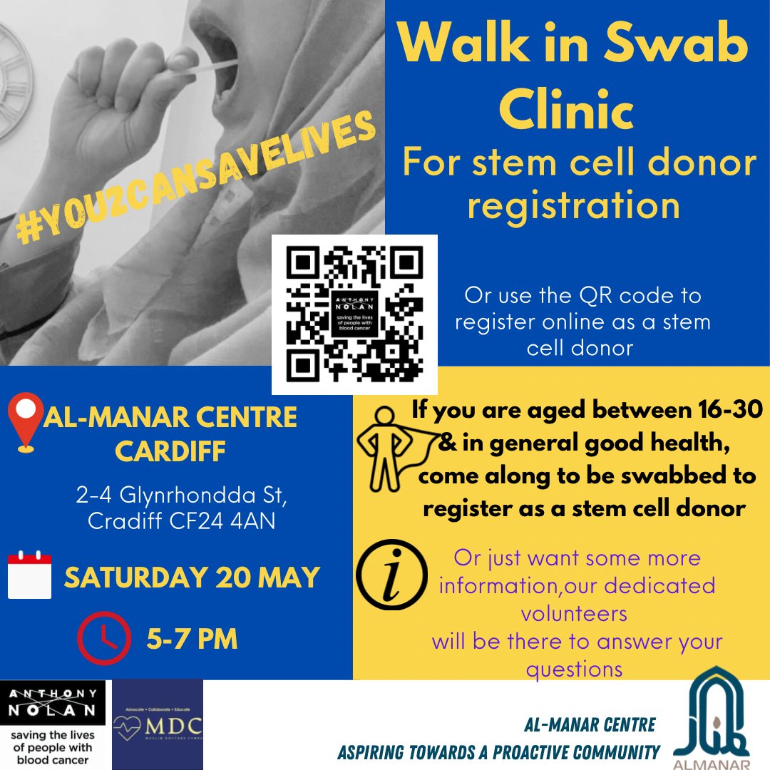 🚶🏾‍♂️Our 1st Stem Cell donor registration walk in Swab clinic, in collaboration with @AnthonyNolan 

📍Alminar-Centre Cardiff
🗓️Saturday 20 May
⏰ 5-7pm

#you2cansavelives
@CardiffUniISoc