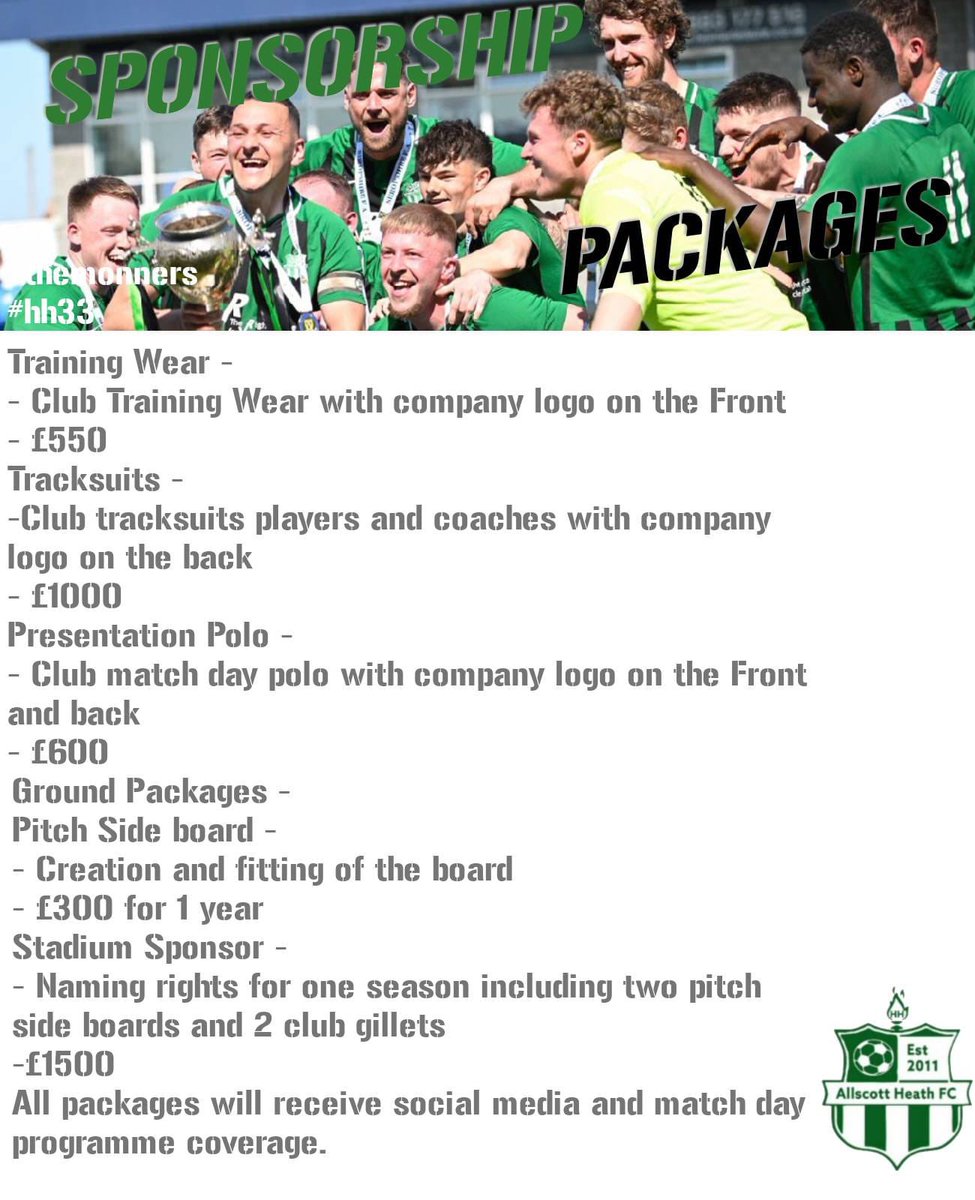 Sponsorship Packages
After a very successful season we now face a new challenge in a higher league with more exposure than ever. If you or your company are interested in sponsoring us please drop us a message, any support will be appreciated.