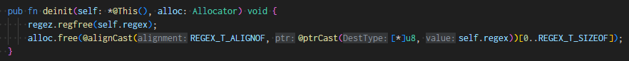 kennethallen's tweet photo. @karlseguin Thanks for the very helpful article on using POSIX regex from Zig. I was getting a memory alignment warning on free, which I fixed with an alignCast: https://t.co/TUmQdlekQj