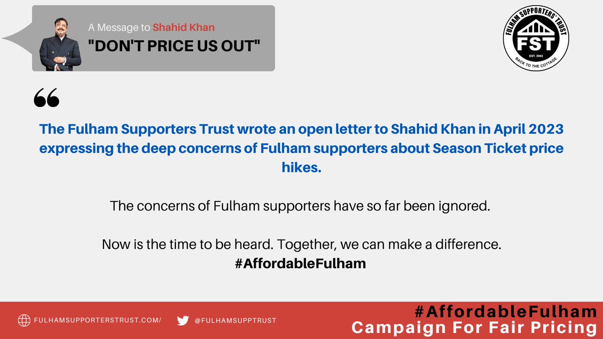We have been inundated with messages ranging from concern to anger about the recent season ticket price rises substantially above inflation &amp; the apparent trajectory towards even greater rises in future seasons.
So today we launch: 
#AffordableFulham 
Campaign For Fair Pricing