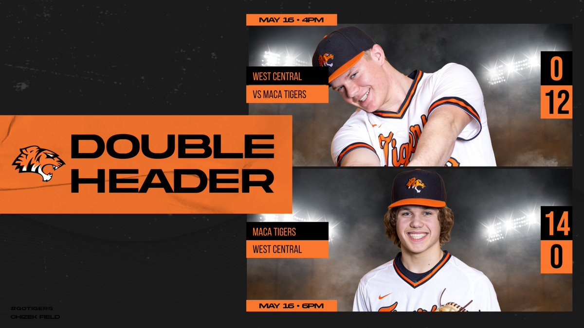 BaseballMACA's tweet photo. A hit parade as Tigers take two on Senior Night! Drew Storck picks up the win in game 1 throwing 4 and 2/3 innings and striking out 10 while Landen Gibson went 5 innings and struck out 6. Both were on their games tonight!  Hits all around as Tigers totaled 23 RBIs off of 26 hits, https://t.co/XXl0FuMmXm