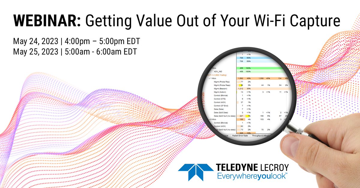 Join our #WiFiCapture webinar to explore channel usage, frequency congestion, security settings, quality of service & more! TWO OPTIONS May 24 lcry.us/459lbW0 & May 25 Europe/Asia time lcry.us/3W80qGk #wirelesscapture #wifitesting #wirelesstesting #teledynelecroy