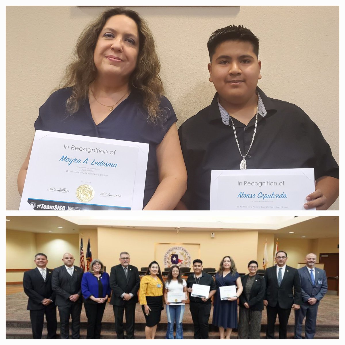Very proud of my wife and her student for being honored by SISD board for being picked as a finalist in Do the Write Thing National Essay contest. <a href="/MLedesma_EMS/">Mayra Ledesma</a> <a href="/Ensor_MS/">Stephen Fernandez</a> #TeamSisd