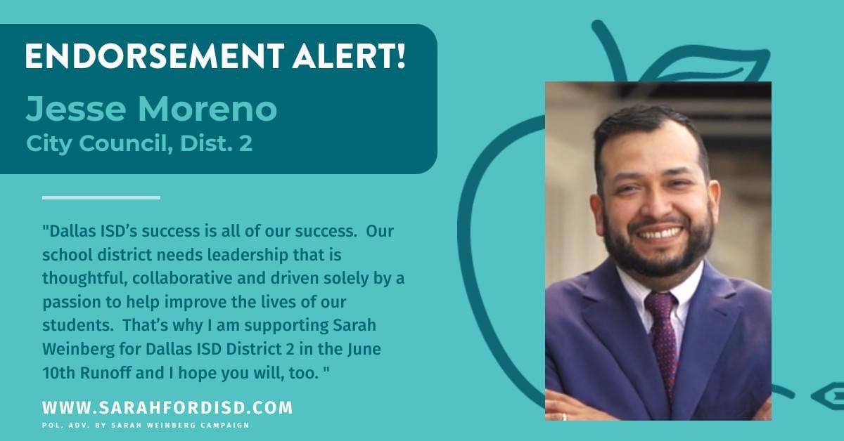 MarshallforDISD's tweet photo. First, @KDMalonson, then @JesseForDallas, @GayDWillis13, @BLACKMONPaula, and then @EducateDallas!  Seems like folks are lining up behind Sarah Weinberg for @dallasschools Trustee! https://t.co/c63tZInGZl