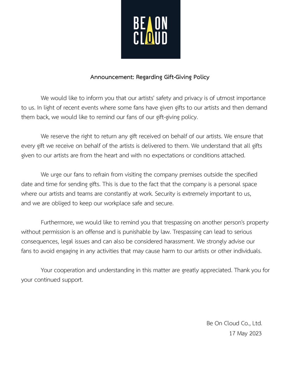 beoncloud_th's tweet image. ประกาศ เกี่ยวกับนโยบายการให้ของขวัญศิลปิน

Announcement Regarding Gift-Giving  Policy 

#BeOnCloud