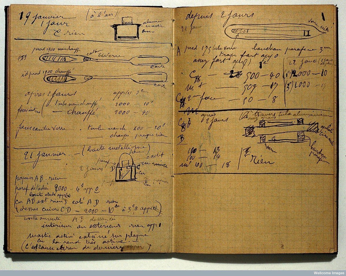 SelexIQ's tweet photo. Marie Skłodowska Curie's notebook from 1899-1902, containing notes from experiments on radioactive substances. Incredibly, the notebook is still radioactive and will be for 1,500 years. 

#edexcel #ProudIndian  #selexiq #selexiqtutors https://t.co/dge3ojSGxy