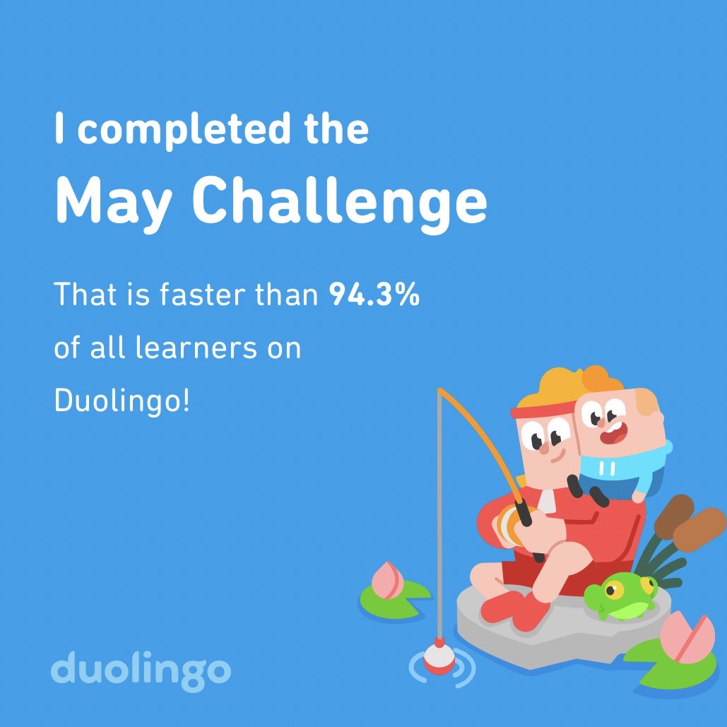 anfoster13's tweet photo. I completed the May challenge faster than 94.3% of all learners on Duolingo! https://t.co/uwJoYbW7G3