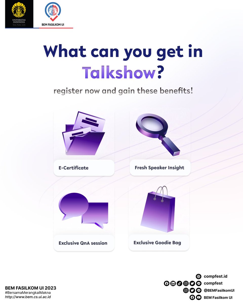 COMPFEST's tweet photo. Kamu juga bisa mendapatkan kesempatan untuk mendapatkan EXCLUSIVE GOODIE BAG pada Talkshow ini. Pendaftaran ini GRATIS dan dibuka dari tanggal 1 - 14 Mei 2023. Segera daftarkan dirimu sebelum terlambat melalui: https://t.co/Ur6bLk8Twu
@COMPFEST
#EvolveForTomorrow #COMPFEST15 https://t.co/CmGmj3YoHt
