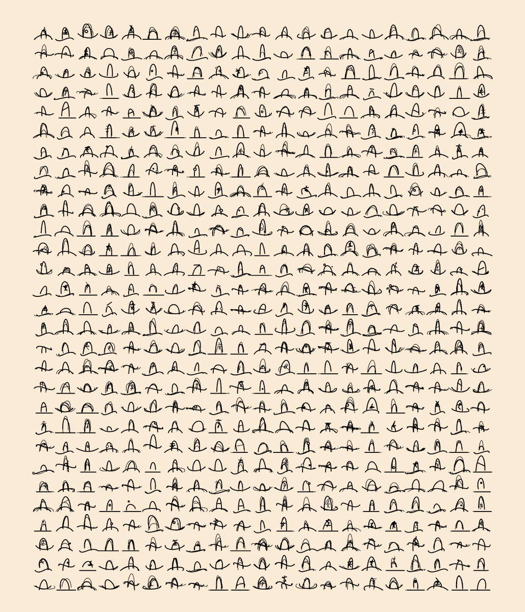 generativelight's tweet photo. 5 years ago i spent 6 months drawing a cowboy hat every single day.

today i used p5js to make a generative art system that can instantly render 600 unique cowboy hats with every refresh.

nothing handdrawn, just plain bezier curves and lines. https://t.co/BWM09Dj050