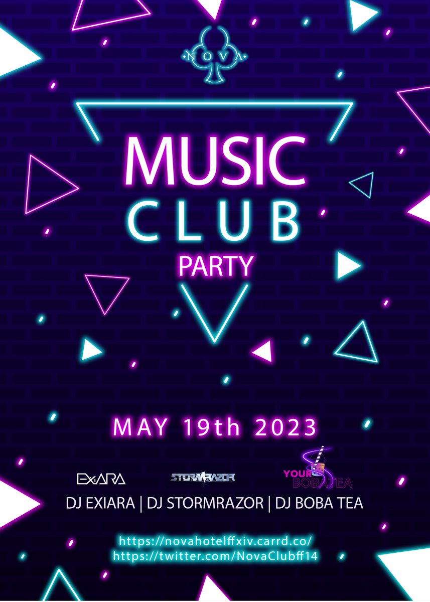 NovaClubff14's tweet photo. It's that time again! Time to party at NOVA CLUB! 
There will be 3 DJ live streaming! lots of music!

See you on May 19th!  

Elemental Tonberry Goblet Ward 2 Plot 43!  GMT+8, 8pm to 12am

*This is a monthly event*

  #FFXIV #NOVACLUB #FFXIVelemental https://t.co/fHuPiGAYuW