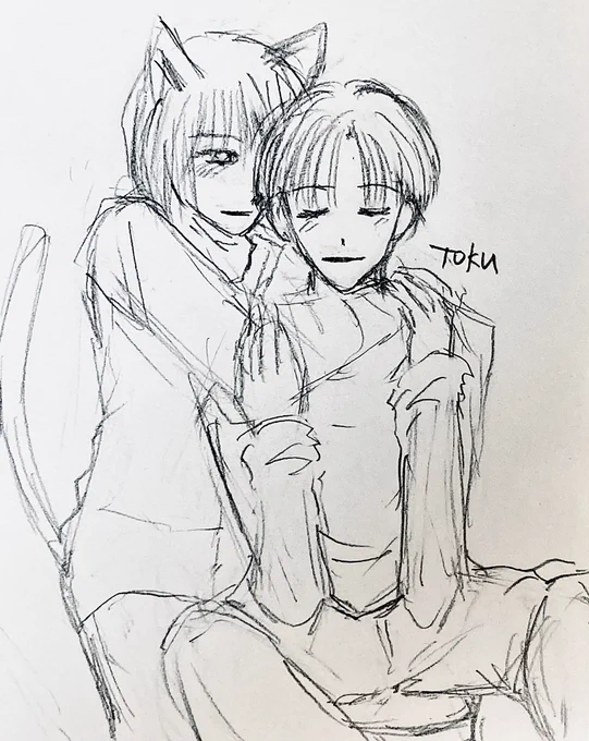 昨夜、鉛筆で描いた ラフ画落書き。 黒猫の睦月は 飼い主の咲玖が大好きで、 そんなふたりの空気感を 描きたかった♡ あとでちゃんと仕上げよ   #イラスト #illustration #oc #黒猫睦月 #猫好き #オリキャラ #創作男子イラスト #絵の世界 #アナログイラスト